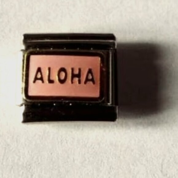 Aloha on pink enamel 9mm stainless steel Italian charm bracelet link new - Picture 1 of 2